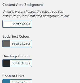 screenshot for the Amble main content colour settings