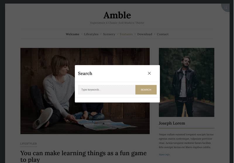 screenshot showing the search modal popup in Amble