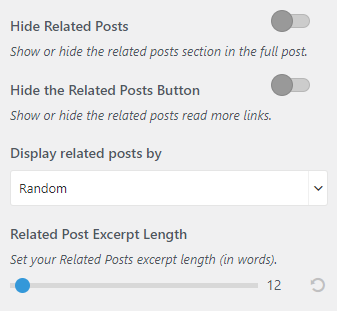 screenshot showing the related posts settings and options