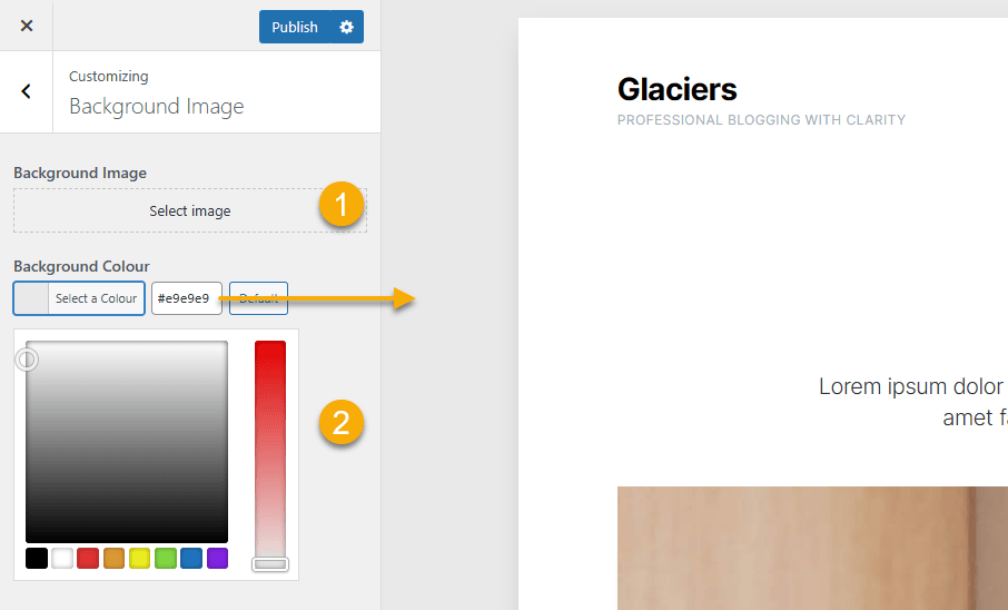 screenshot showing the option to change your page background in Glaciers