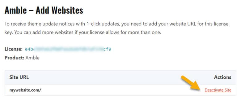 screenshot showing the link to deactivate your website URL